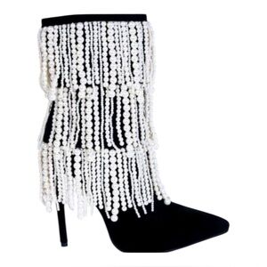 Black Pearl Stiletto Mob Wife Boots w/ Fringe Sz 8